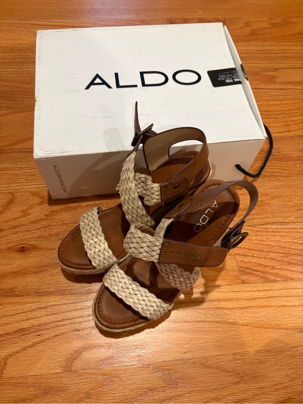 ALDO Tan Leather & Cream Braided Wedge Sandals